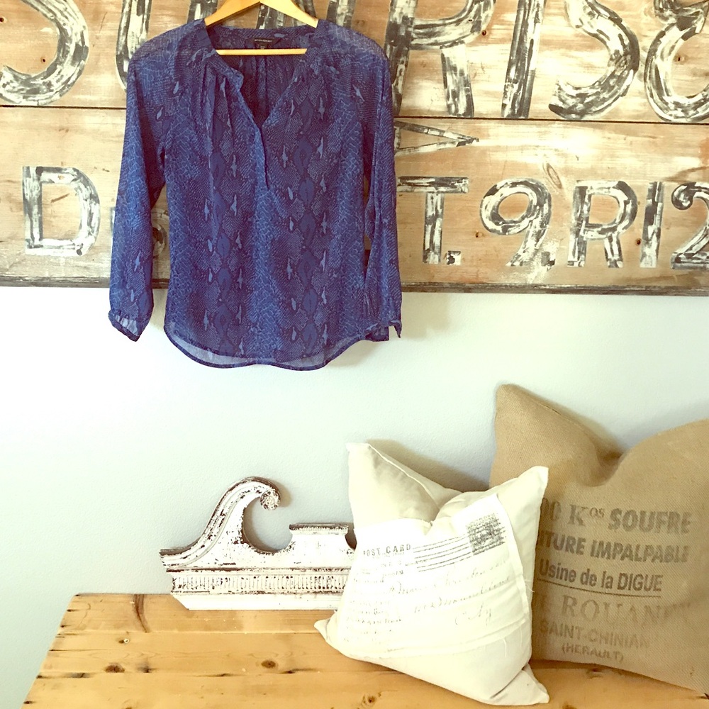 Banana Republic Navy Blue Printed Long-Sleeve Blouse